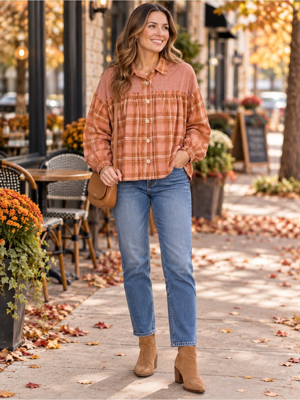 Promesa Rust Plaid Gingham Button Front Cotton Blouse Medium